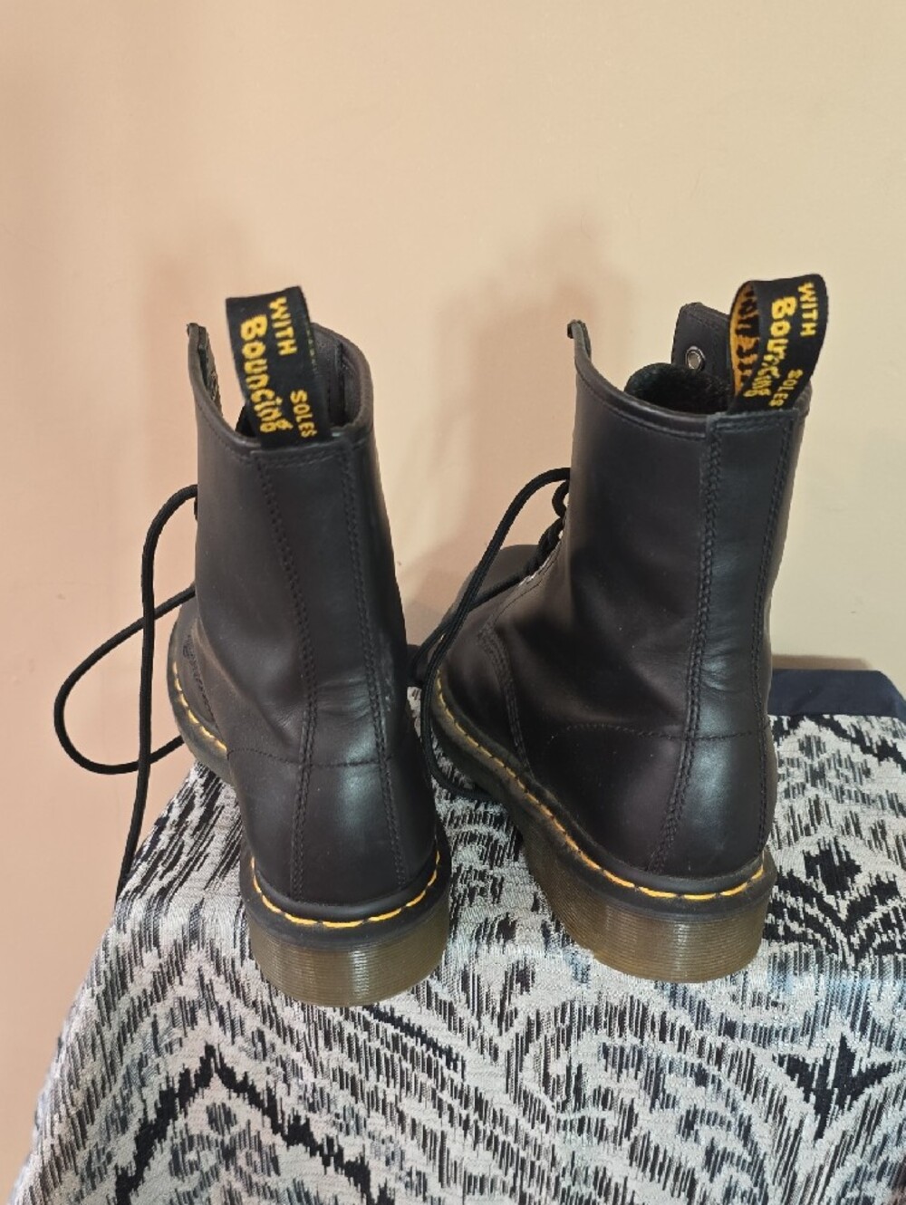 Dr. Martens Black Leather Lace-Up Combat Boots with Yellow Stitching - Picture 5 of 14